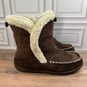 Tempur-Pedic‎ Joanie Ankle Boot Slippers Womens Brown Suede Faux Fur Lining 9M